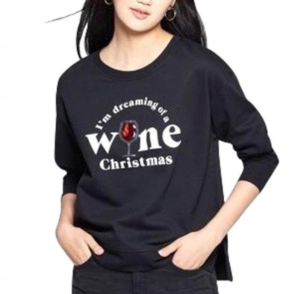 I'm Dreaming of a Wine Christmas Black Sweatshirt Top Size M Holiday Cozy